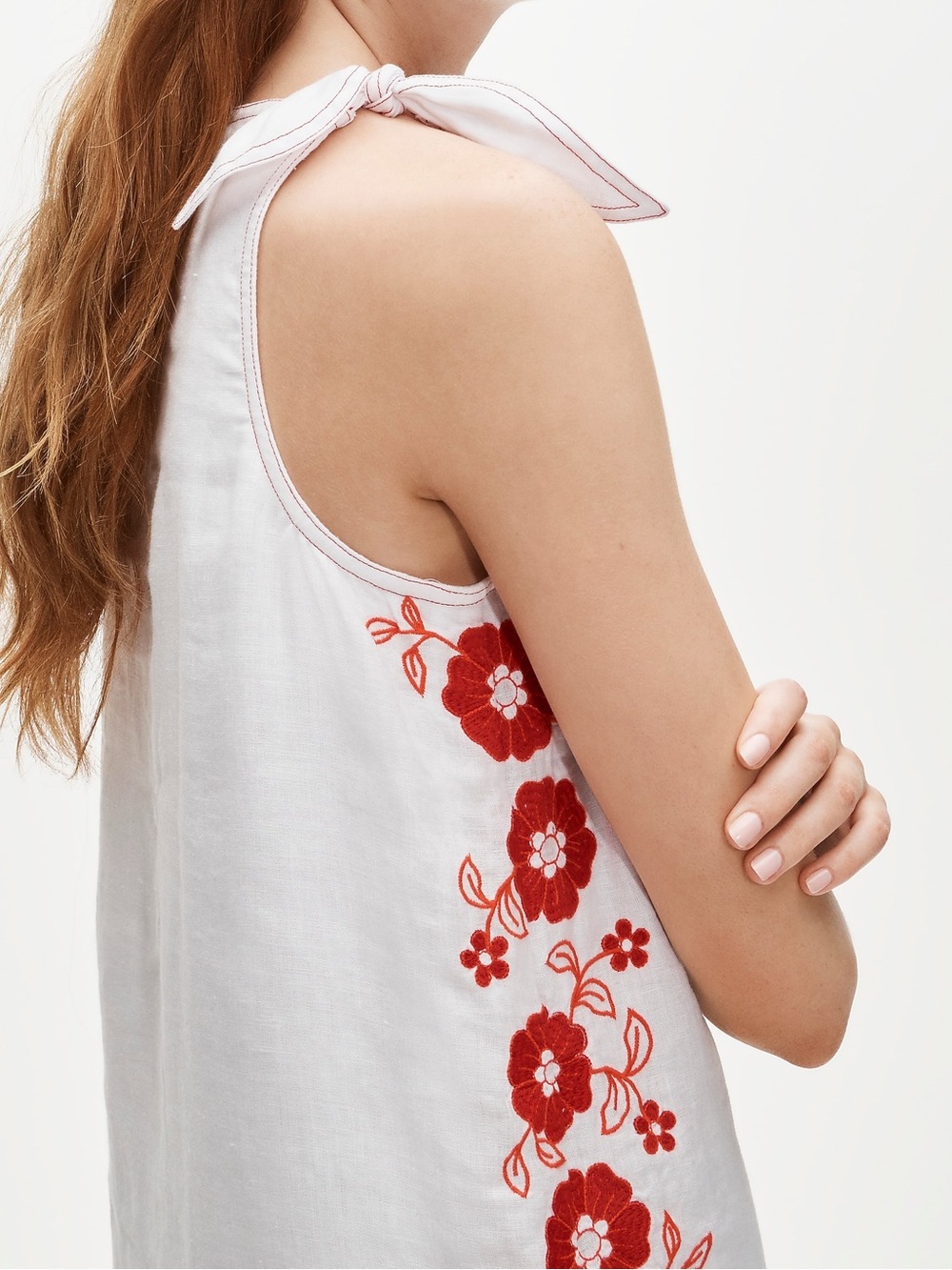 J. Crew Sadie Linen Embroidered Red Floral Sleeveless Tie Strap Dress - Picture 10 of 11